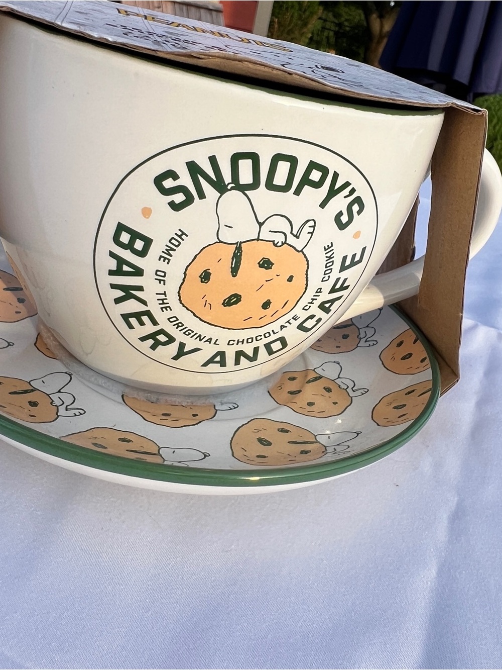 Snoopy's Bakery and Cafe Ceramic Mug and Saucer Set - White with Green Trim